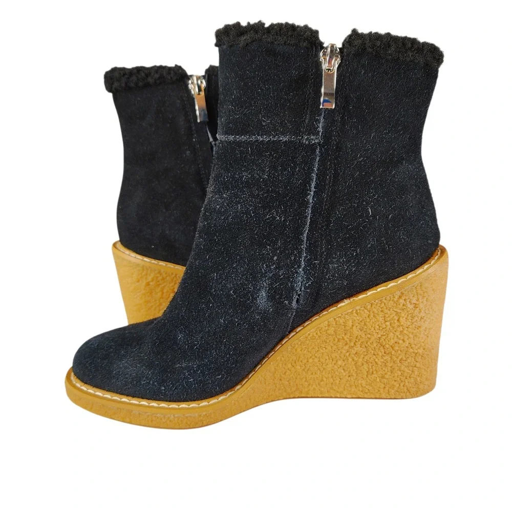 Franco Sarto Wedge Ankle Boots sz 7.5M Women Black Suede Leather Ulayna Sherpa‎